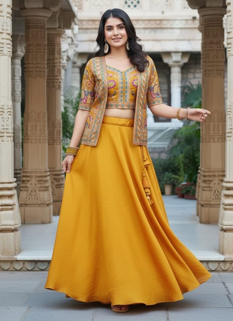 Yellow Vichitra Silk Embroidered Sequins Thread Indowestern Jacket Lehenga. After Six Wear