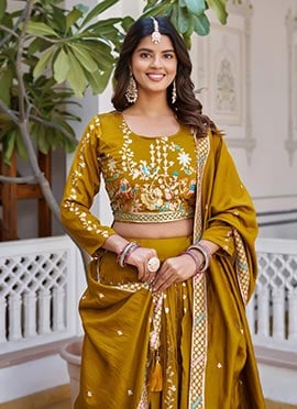 Yellow Vichitra Silk Embroidered Sequins Thread Umbrella Lehenga