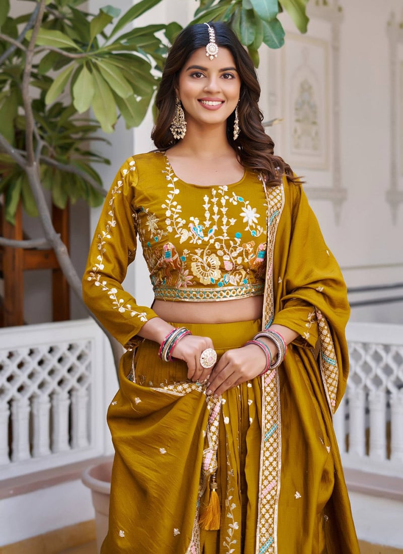 Yellow Vichitra Silk Embroidered Sequins Thread Umbrella Lehenga Wedding Wear