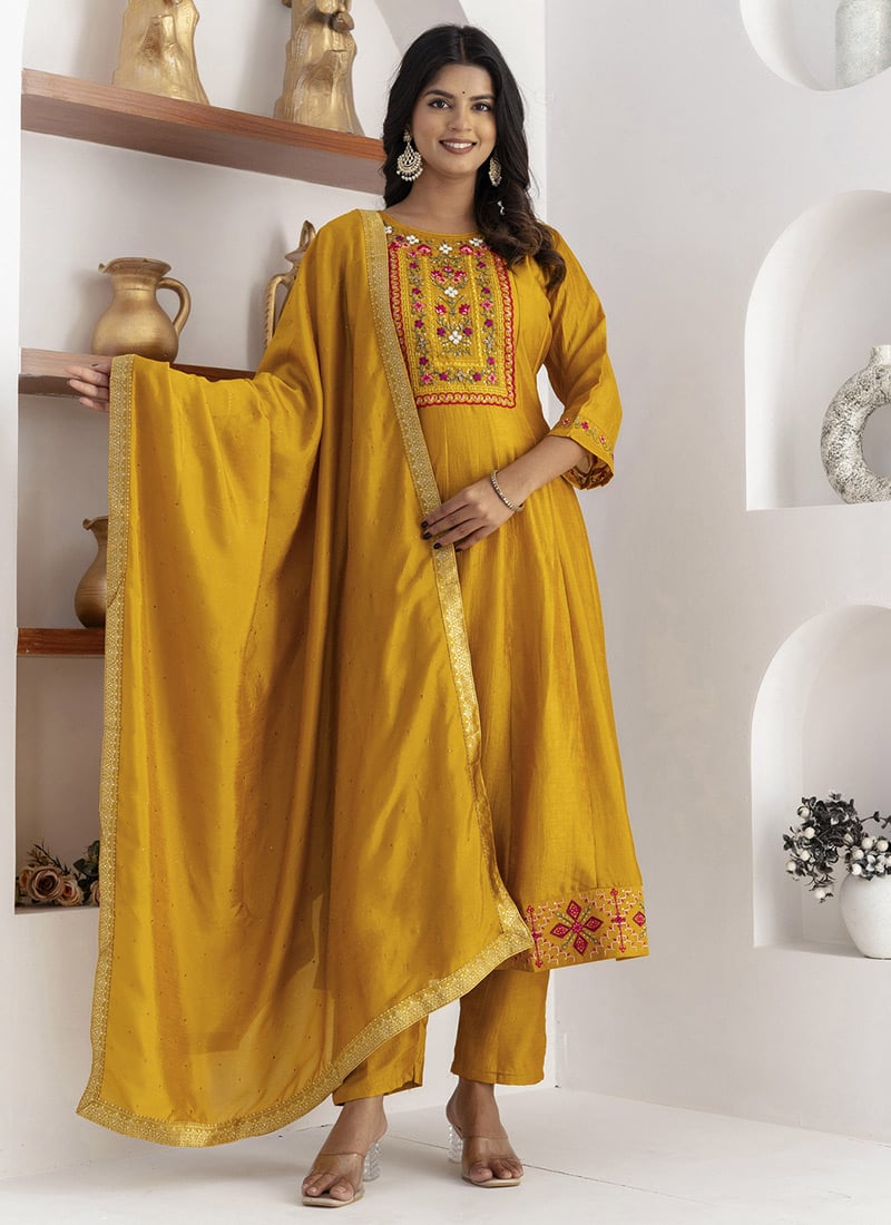 Yellow Vichitra Silk Embroidered Straight Pant Suit