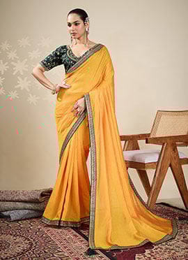 Yellow Vichitra Silk Embroidered Zari Saree
