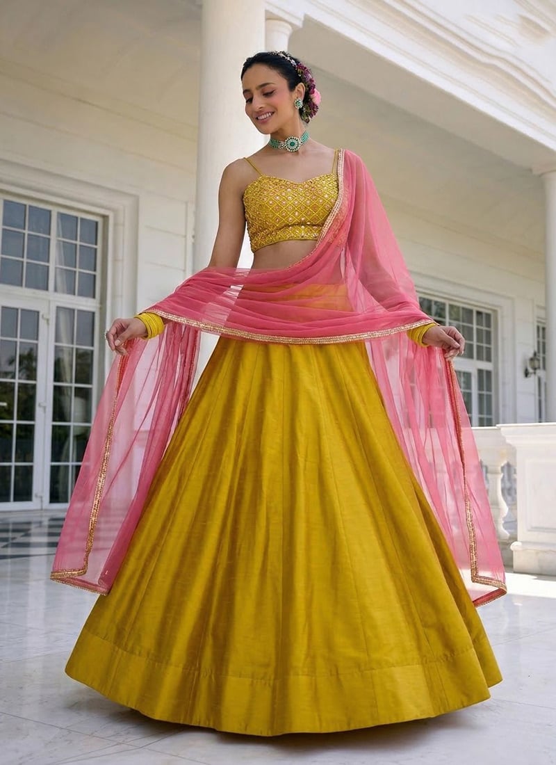 Yellow Vichitra Silk Lehenga With Embroidered Sequins And Mirror Work Detailing Wedding Wear