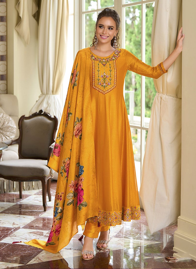 Yellow Vichitra Silk Sequins Embroidered And Beads Straight Pant Suit Festive Wear