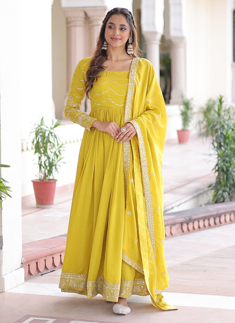 Yellow Vichitra Silk Zari Embroidered Sequins Anarkali Suit Festive Wear