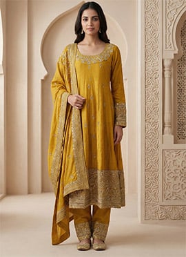 Yellow Vichitra Silk Zari Embroidered Sequins Anarkali Suit