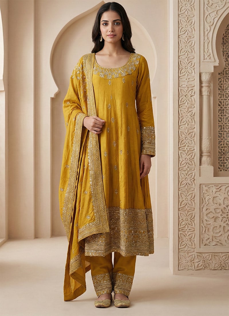 Yellow Vichitra Silk Zari Embroidered Sequins Anarkali Suit Festive Wear