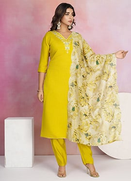 Yellow Viscose Chanderi Embroidered Straight Pant Suit With Digital Print Dupatta