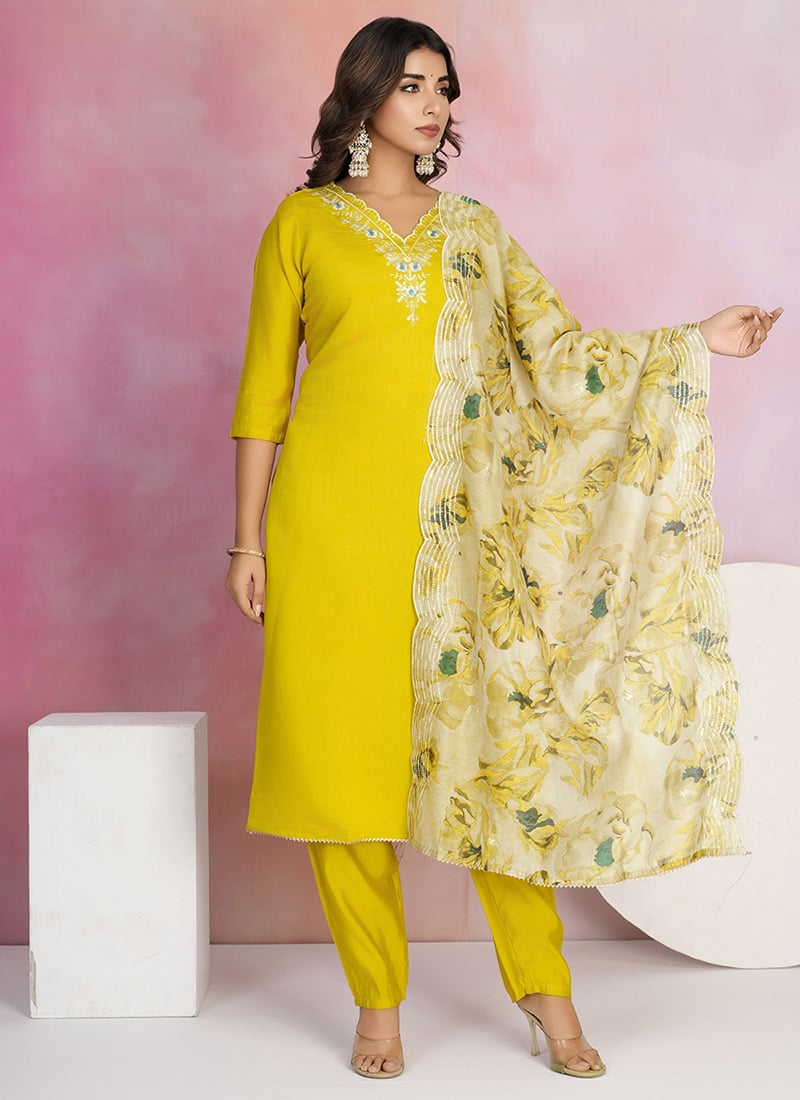 Yellow Viscose Chanderi Embroidered Straight Pant Suit With Digital Print Dupatta After Six Wear