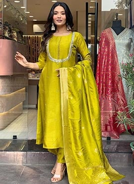 Yellow Viscose Chanderi Embroidered Straight Pant Suit With Jacquard Duppatta