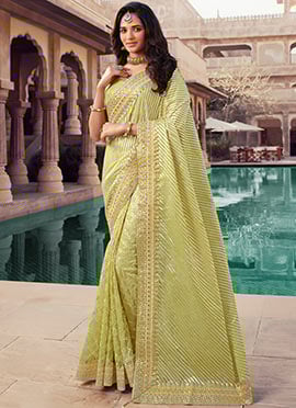 Yellow Viscose Chanderi Georgette Embroidery N Zari Work Saree