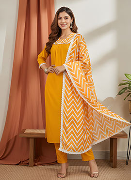 Yellow Viscose Digital Print Straight Pant Suit