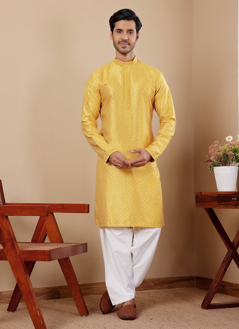 Yellow Viscose Embroidered Chikankari Work Kurta