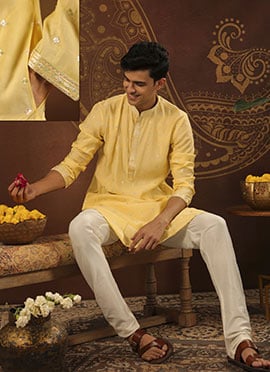Yellow Viscose Embroidered Kurta Pyjama For Men