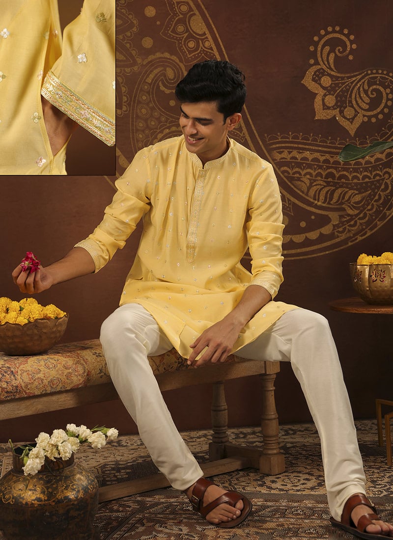 Yellow Viscose Embroidered Kurta Pyjama For Men Festive Wear