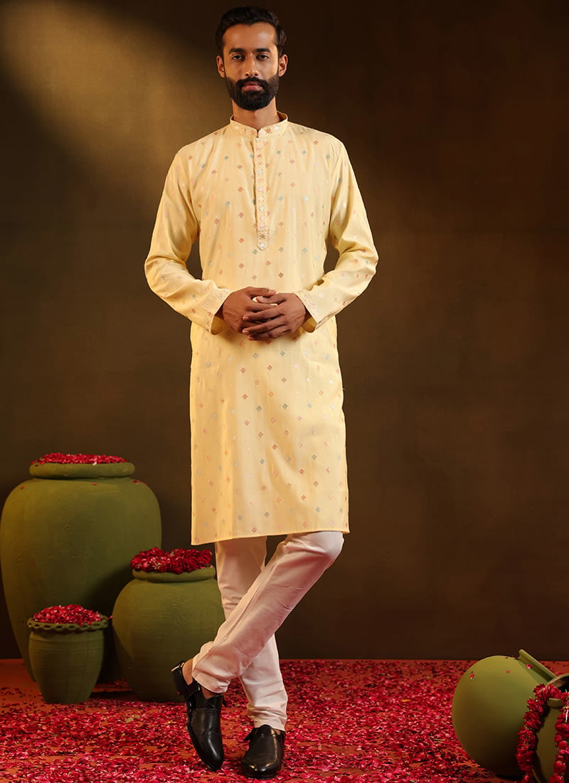 Yellow Viscose Embroidered Kurta Pyjama Festive Wear
