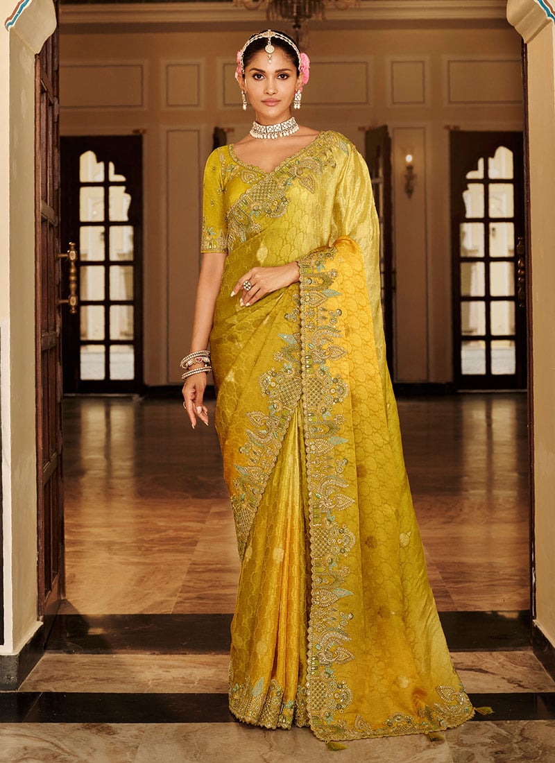 Yellow Viscose Jacquard Silk Zari And Sequins Embroidered Saree Festive Wear
