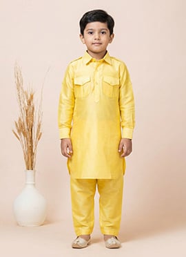 Yellow Viscose Kids Boys Pathani Set