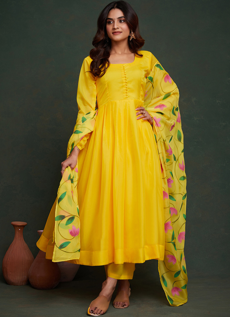 Yellow Viscose Organza Anarkali Suit With Hand Painted Dupatta After Six Wear-SLSUF2000002