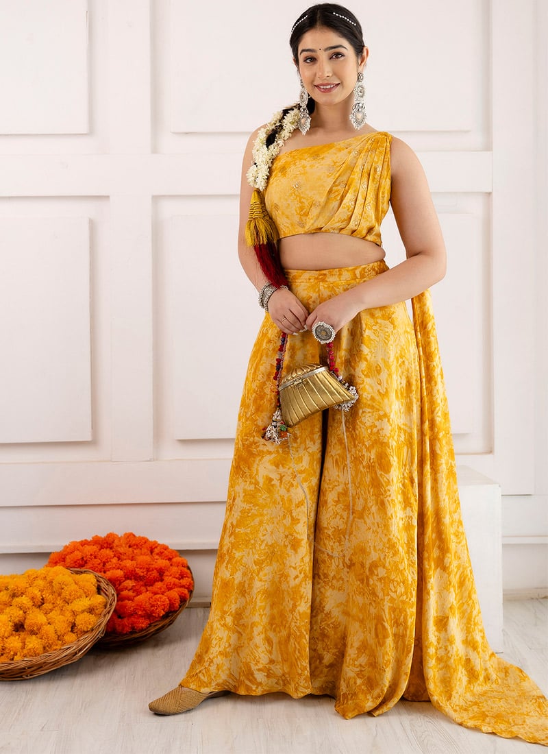 Yellow Viscose Printed Embroidered Sequins Indowestern Sets After Six Wear