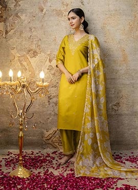 Yellow Viscose Rayon Embroidered Sequins Straight Pant Suit