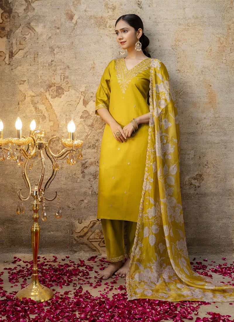 Yellow Viscose Rayon Embroidered Sequins Straight Pant Suit Festive Wear
