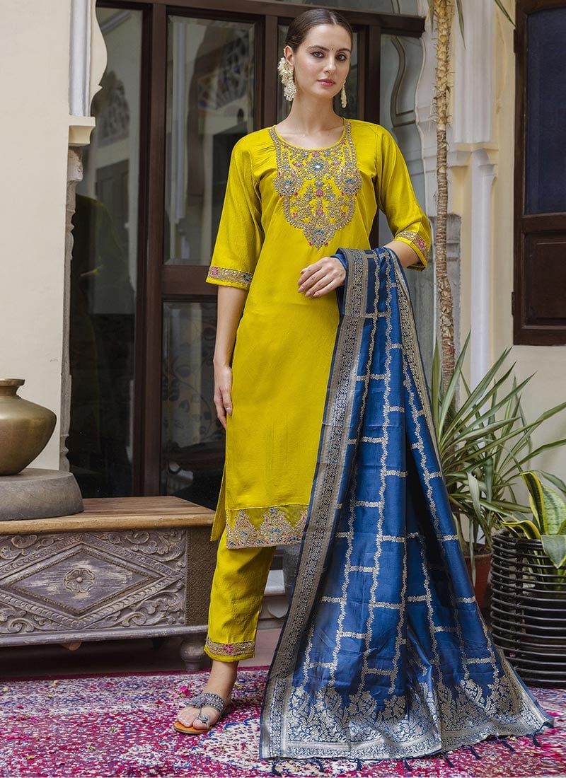 Yellow Viscose Rayon Embroidered Straight Pant Suit Festive Wear