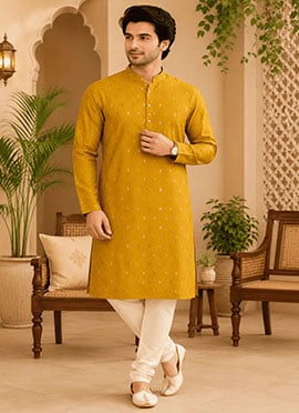 Yellow Viscose Rayon Printed Kurta For Men
