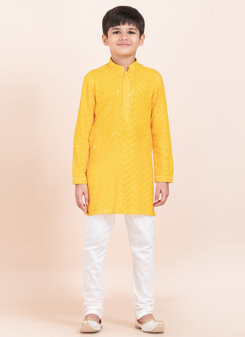 Yellow Viscose Rayon Sequins Kids Boys Kurta Pyjama Festive Wear