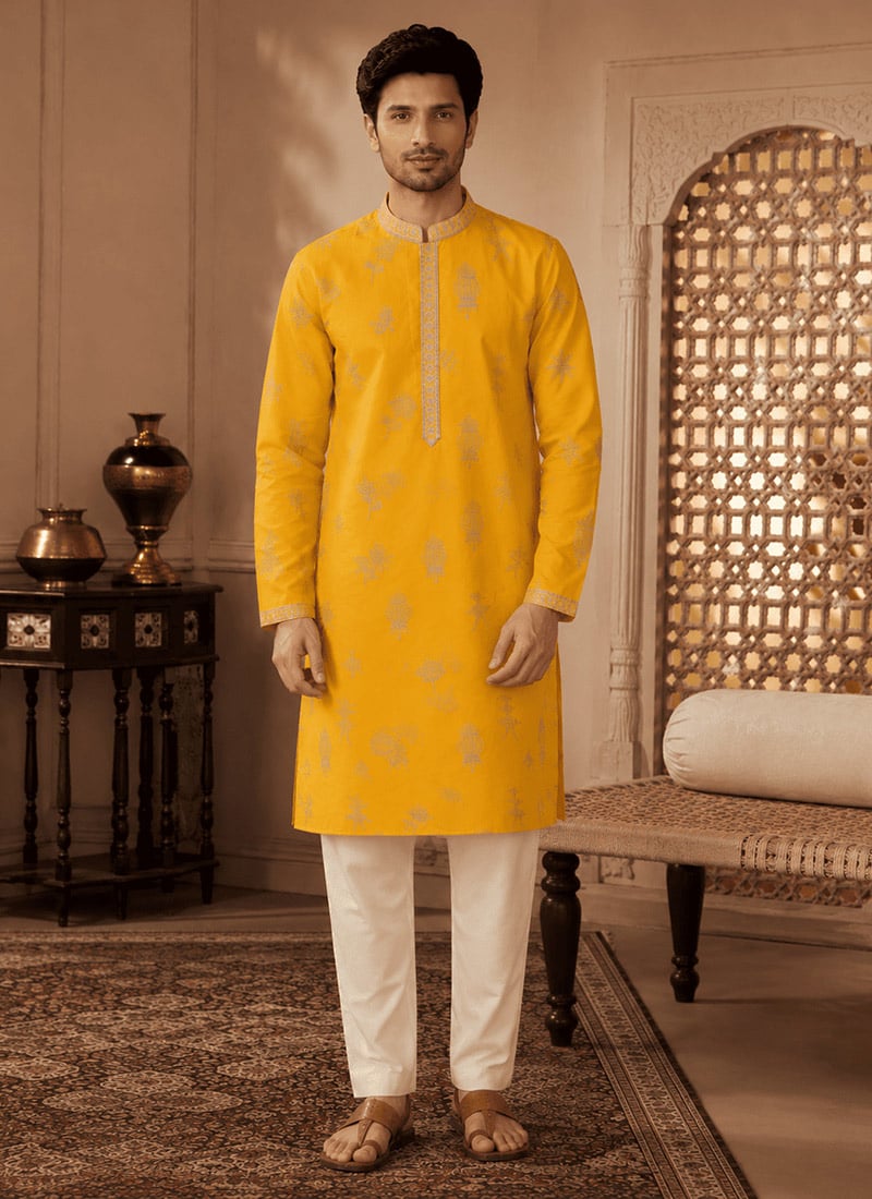 Yellow Viscose Rayon Woven Kurta For Men