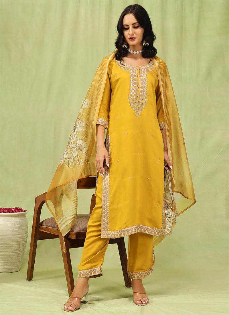 Yellow Viscose Roman Silk Embroidered Straight Pant Suit After Six Wear