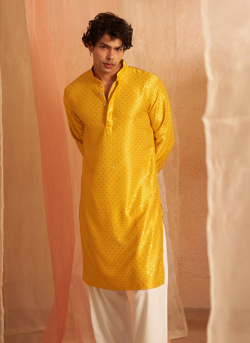 Yellow Viscose Sequins Kurta Pyjama Festive Wear