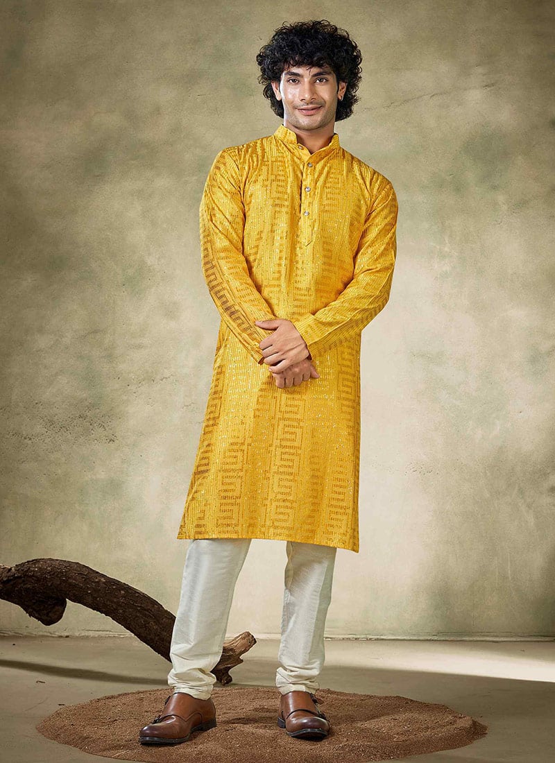 Yellow Viscose Sequins Kurta Pyjama Festive Wear