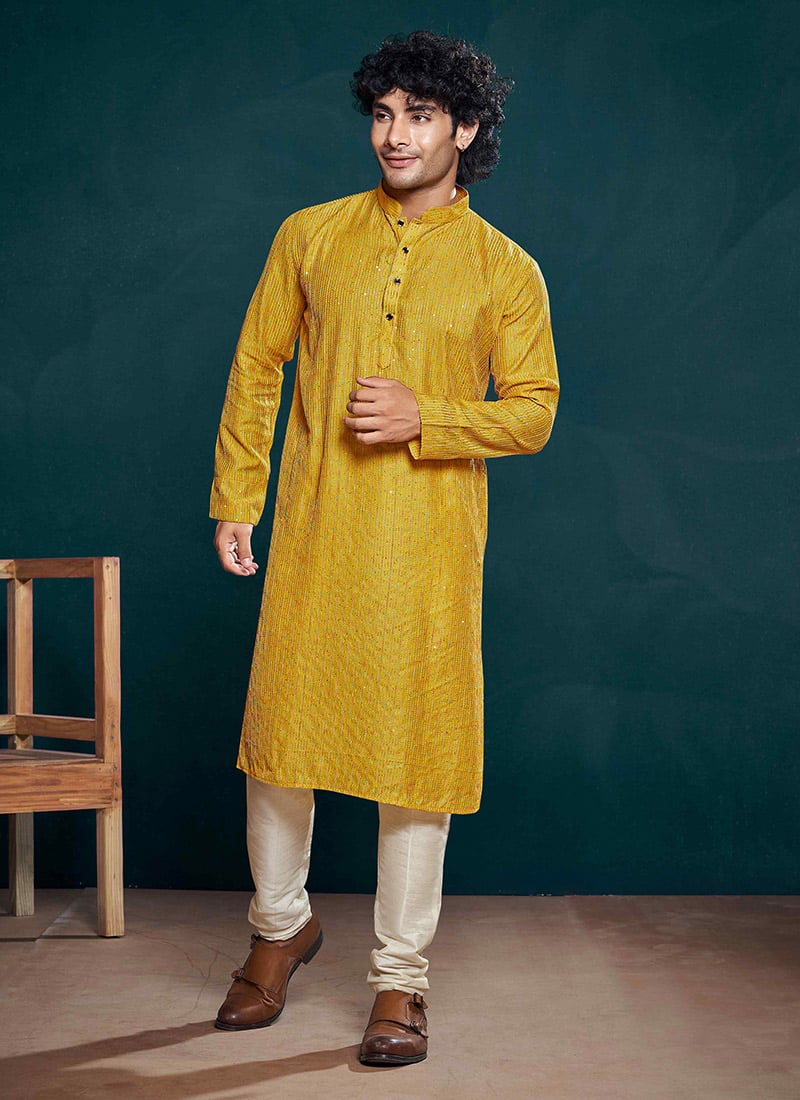 Yellow Viscose Sequins Kurta Pyjama