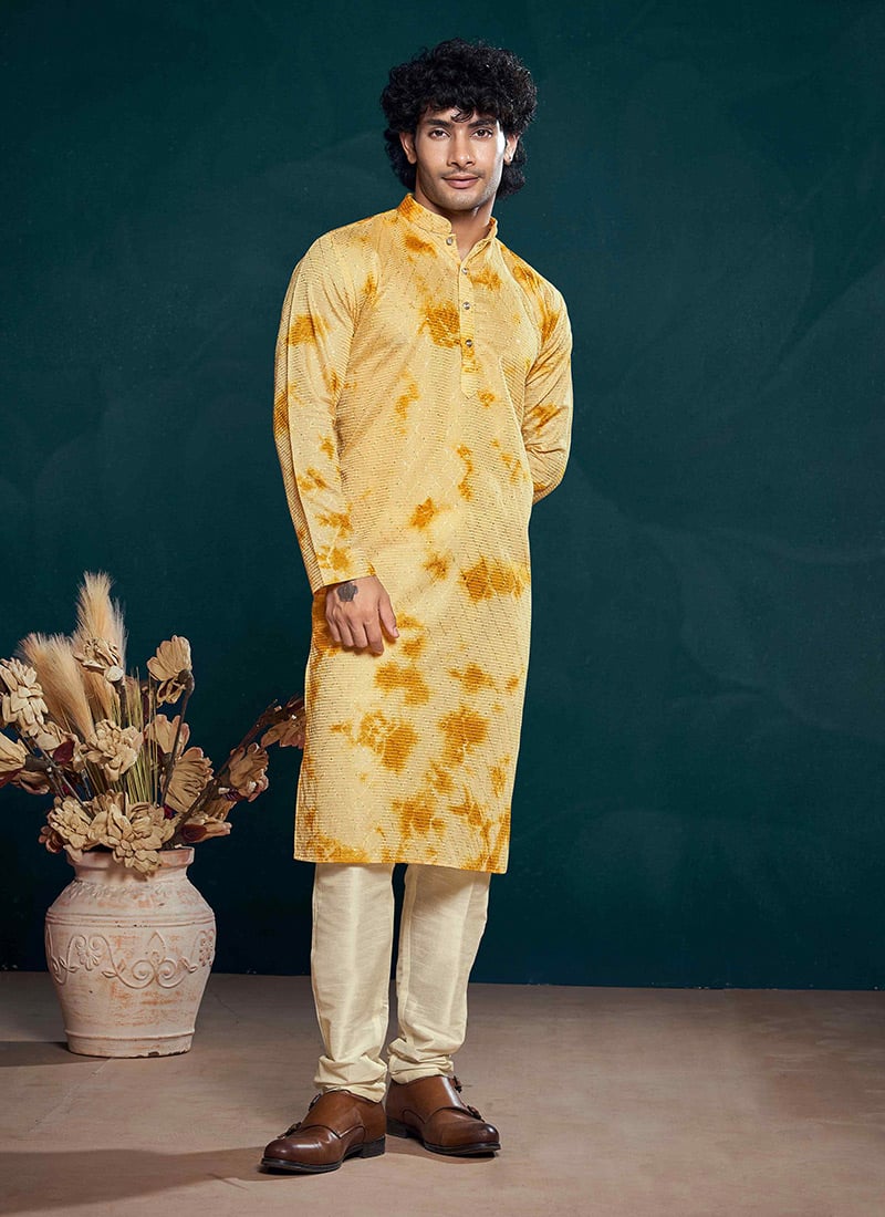 Yellow Viscose Sequins Tie And Dye Print Kurta Pyjama Festive Wear