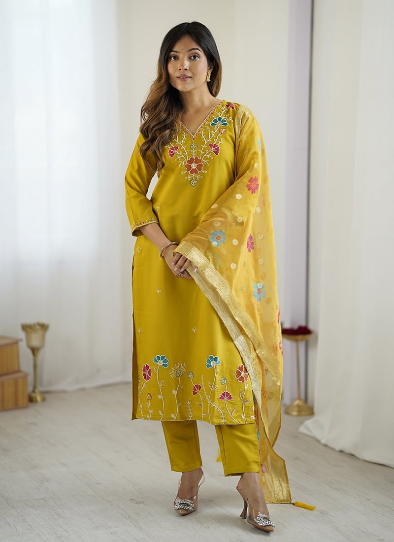 Yellow Viscose Silk Embroidered Beads Printed Straight Pant Suit After Six Wear