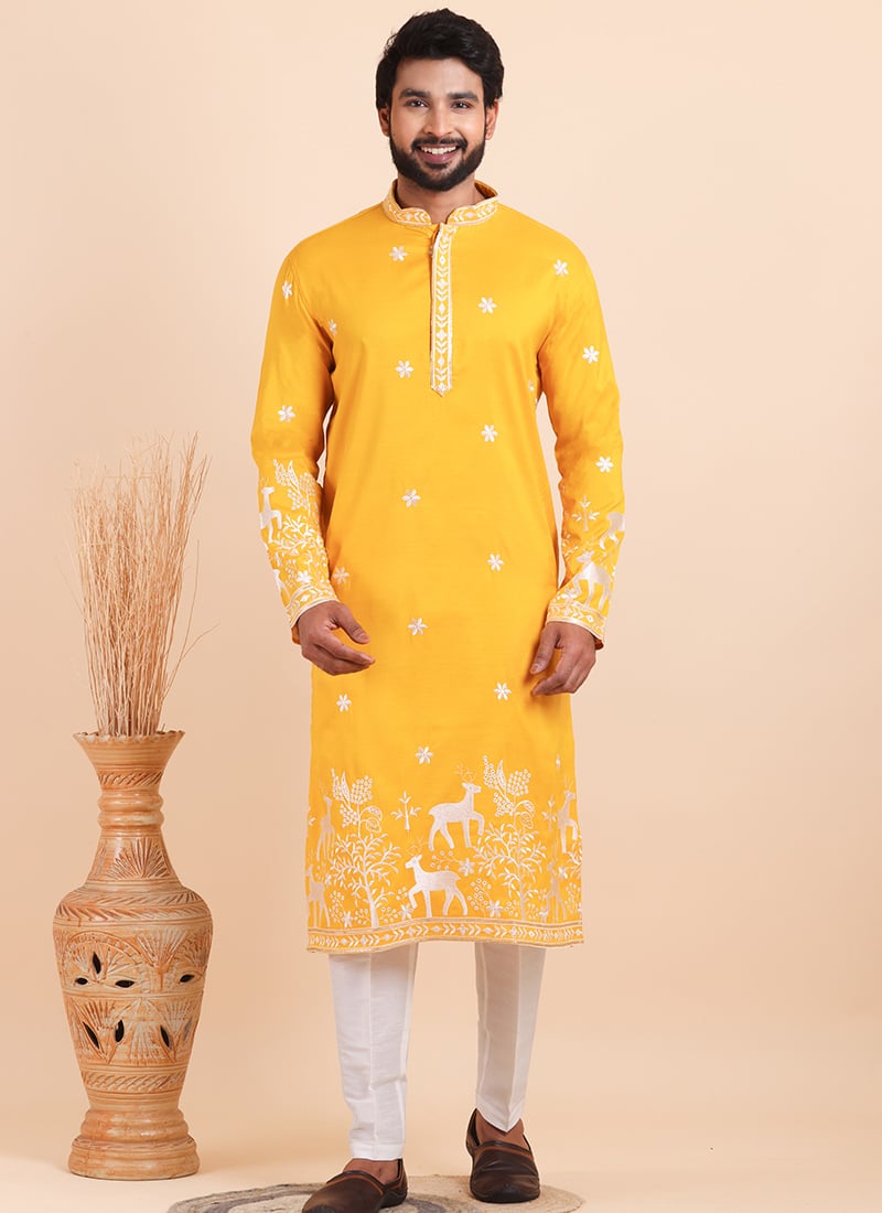Yellow Viscose Silk Embroidered Kurta Pyjama For Men Festive Wear