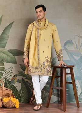 Yellow Viscose Silk Embroidered Sequins Kurta