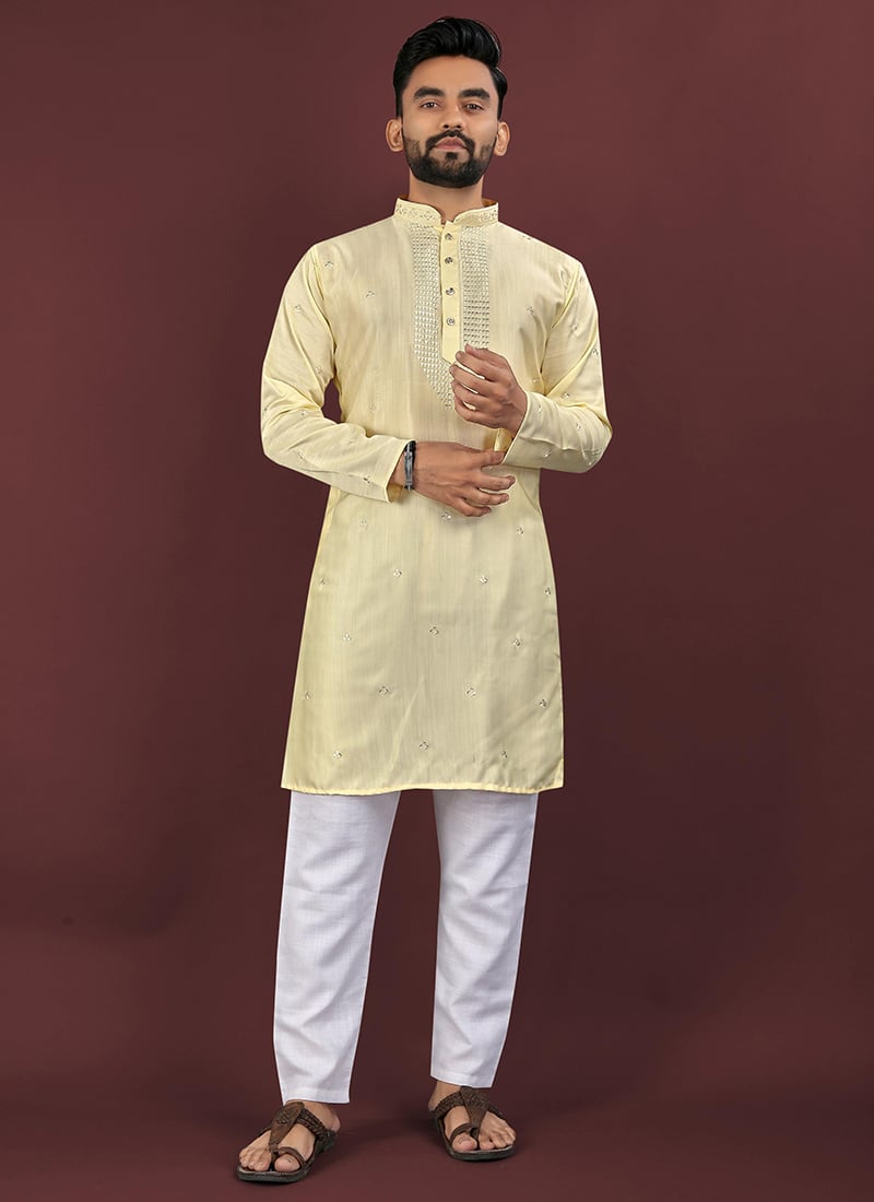 Yellow Viscose Silk Embroidered Sequins Kurta Pyjama For Men Festive Wear