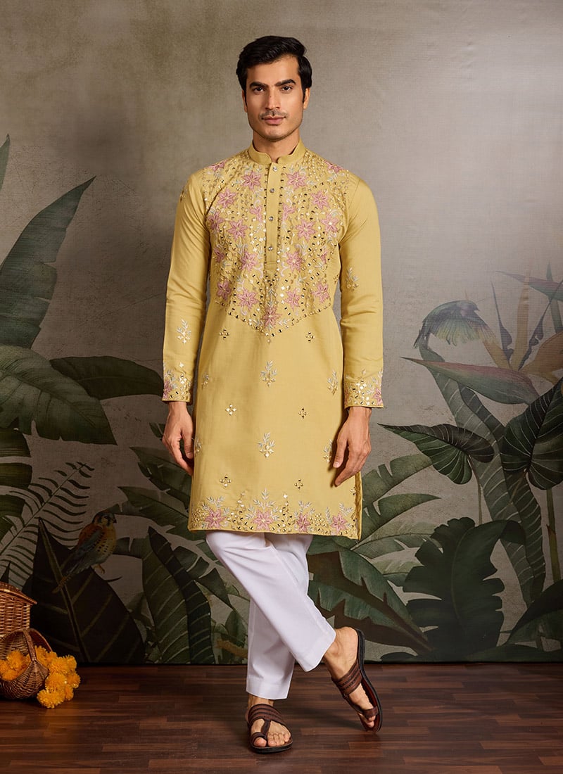 Yellow Viscose Silk Embroidered Sequins Men Kurta