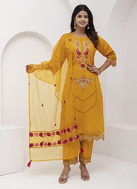 Yellow Viscose Silk Embroidered Sequins Straight Pant Suit