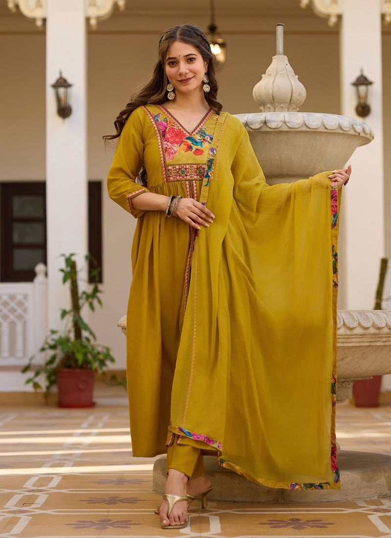 Yellow Viscose Silk Embroidered Straight Pant Suit After Six Wear