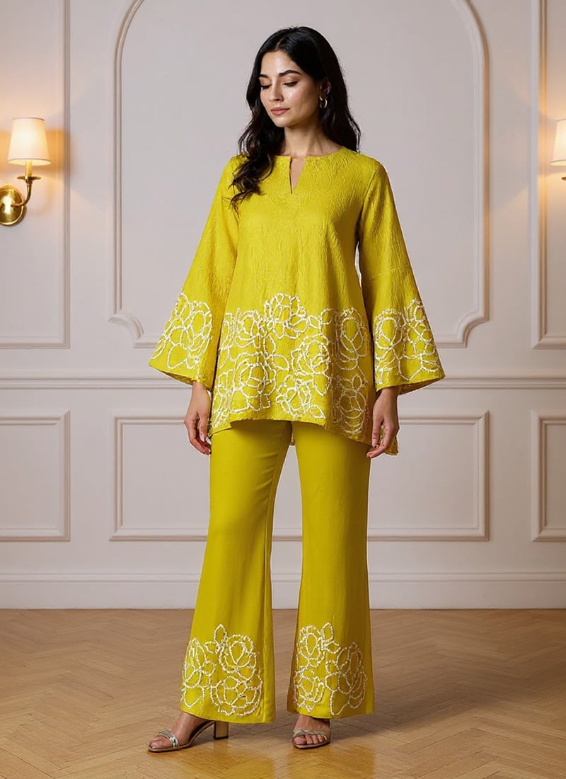 Yellow Viscose Silk Hand Embroidered Indowestern Sequins Co ord Palazzo Set Festive Wear