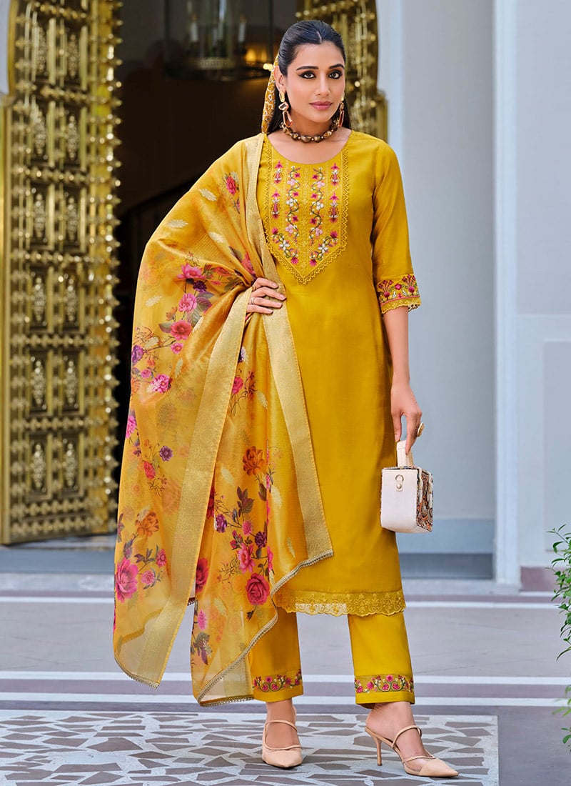 Yellow Viscose Straight Pant Suit With Embroidery And Digital Print After Six Wear
