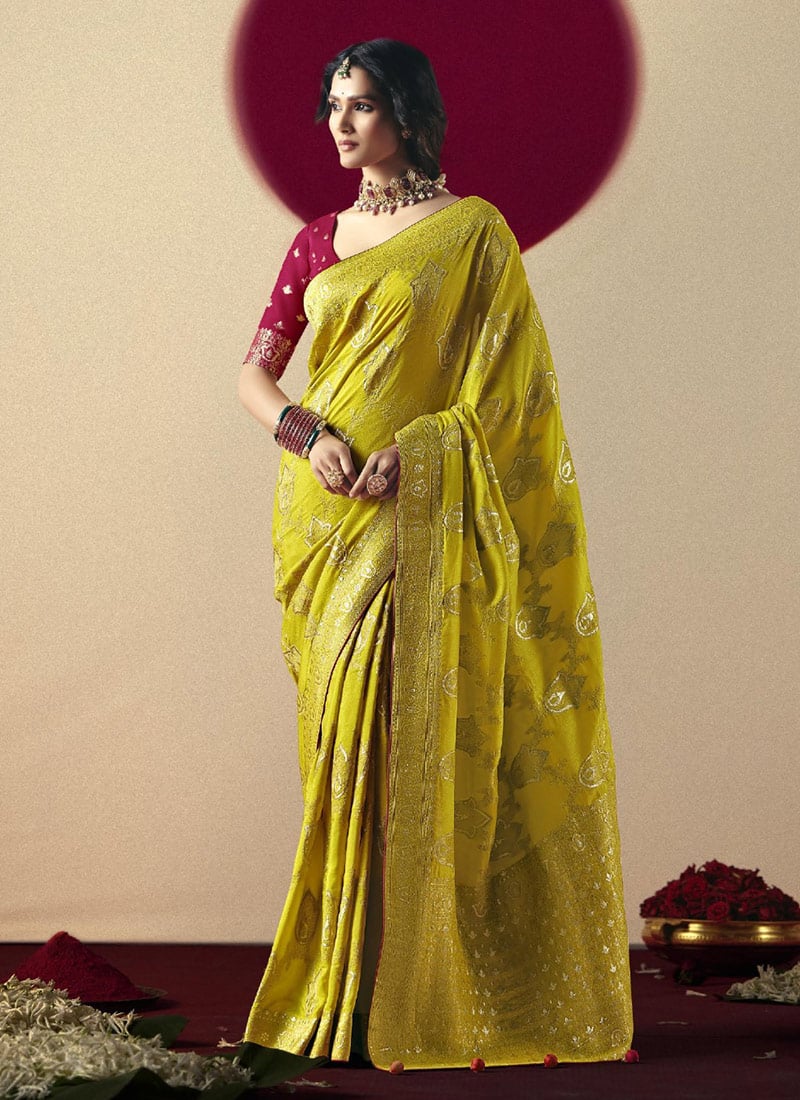 Yellow Viscose Zari And Jacquard Saree Festive Wear