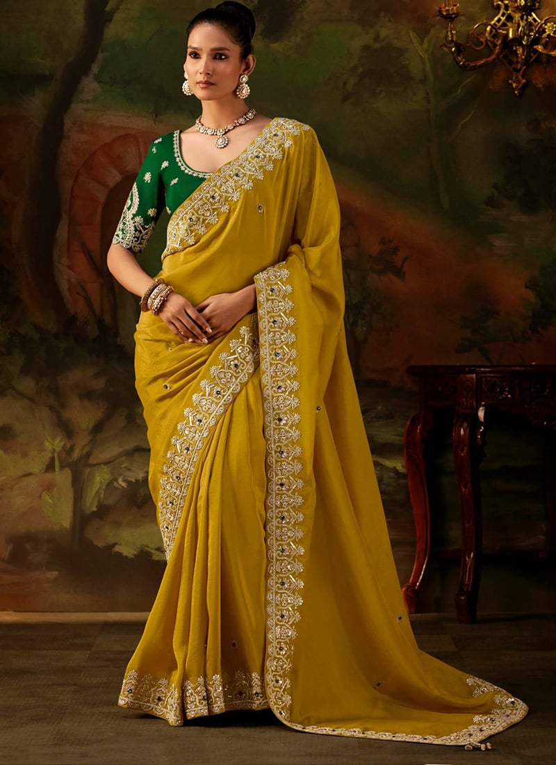 Yellow Viscose Zari Tissue Heavy Embroidered Sequins Stone Saree Wedding Wear