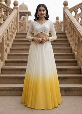 Yellow White Printed Georgette Indowestern Skirt Set