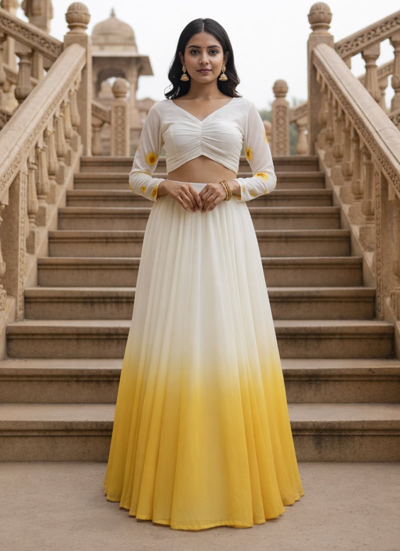 Yellow White Printed Georgette Indowestern Skirt Set After Six Wear