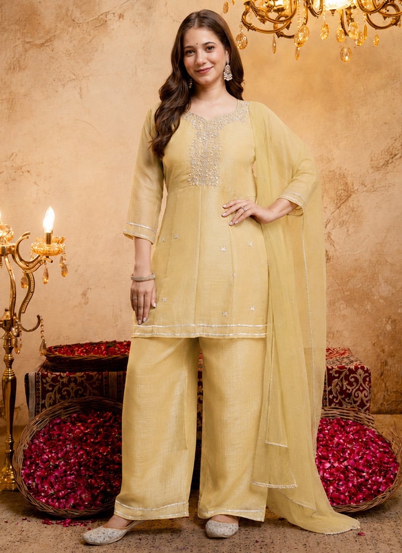 Yellow Zari Embroidery Sequins Silk Palazzo Suit Festive Wear