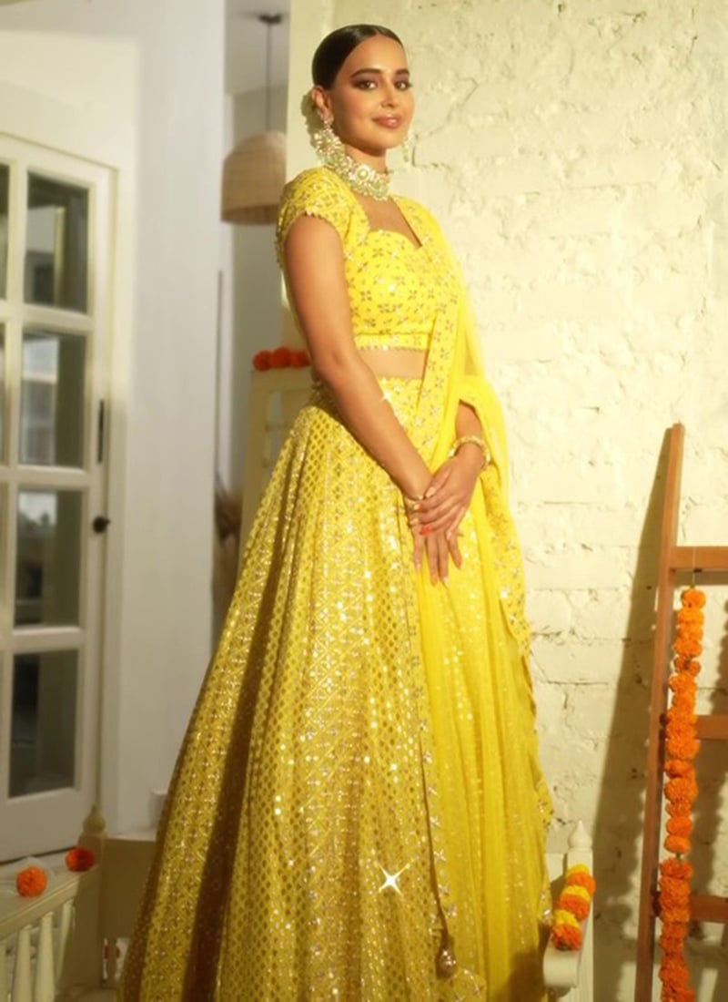 Yellow Zari Sequins Embroidered Faux Georgette Lehenga Wedding Wear