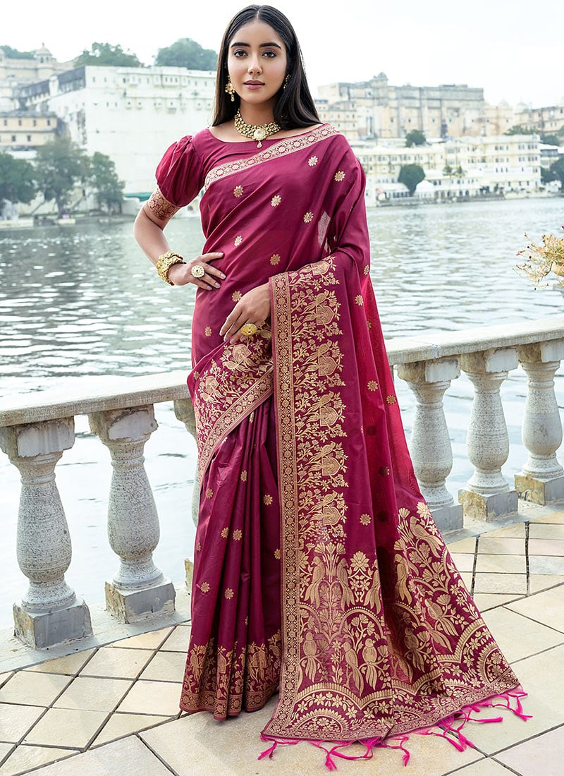 Zari Embossed Maroon Silk Saree Festive Wear